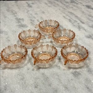 6 Vintage Pink Glass Saw Tooth Edge Small Handled Dessert  Dishes